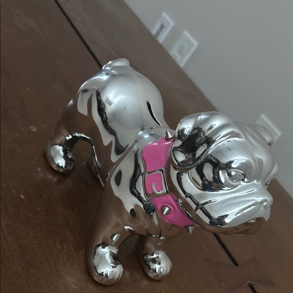 Silver Bulldog Figurine with Pink Collar